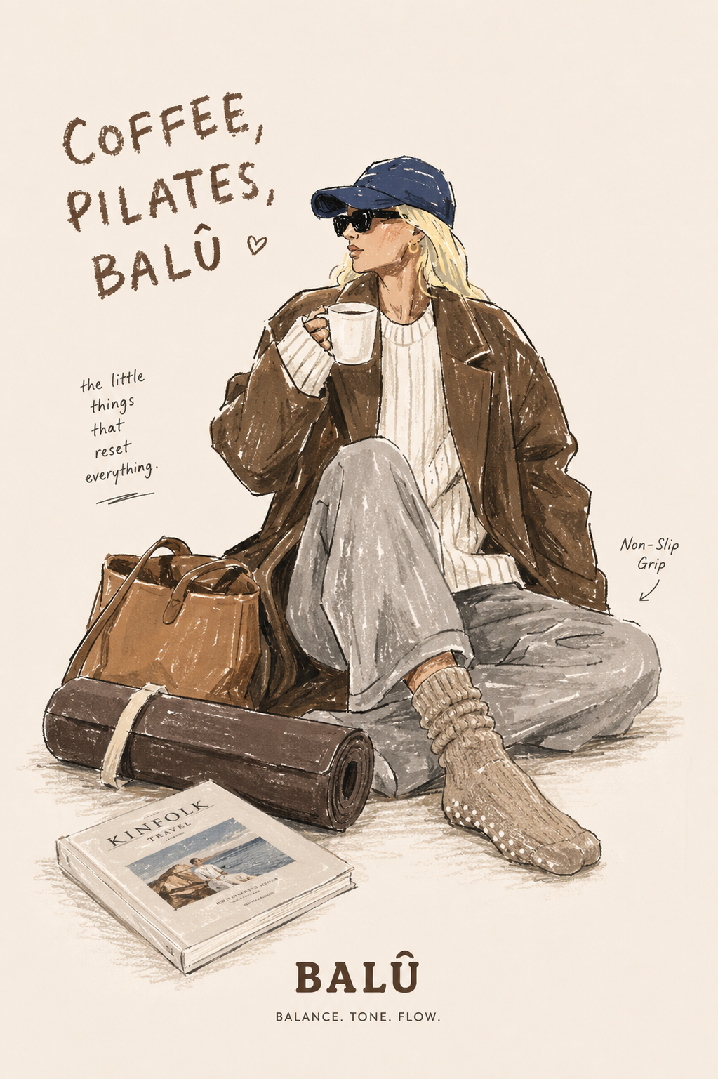 Illustration of a woman with coffee, yoga mat and BALÛ grip socks — Coffee, Pilates, BALÛ