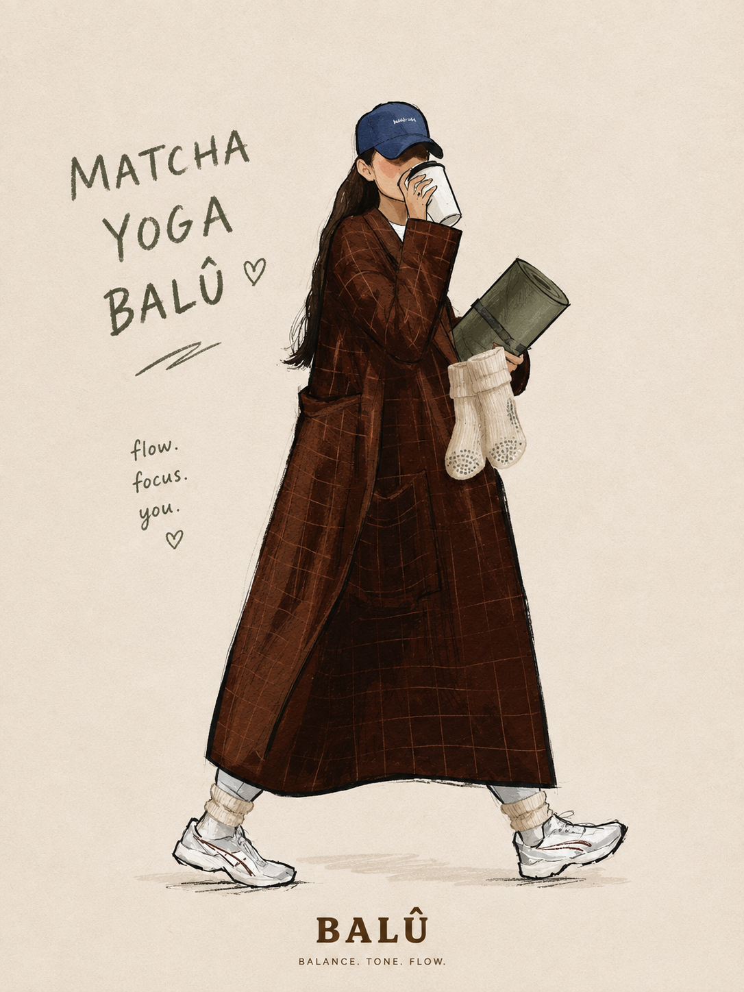 Illustration of a woman with a matcha, rolled yoga mat and BALÛ grip socks — Matcha, yoga, BALÛ