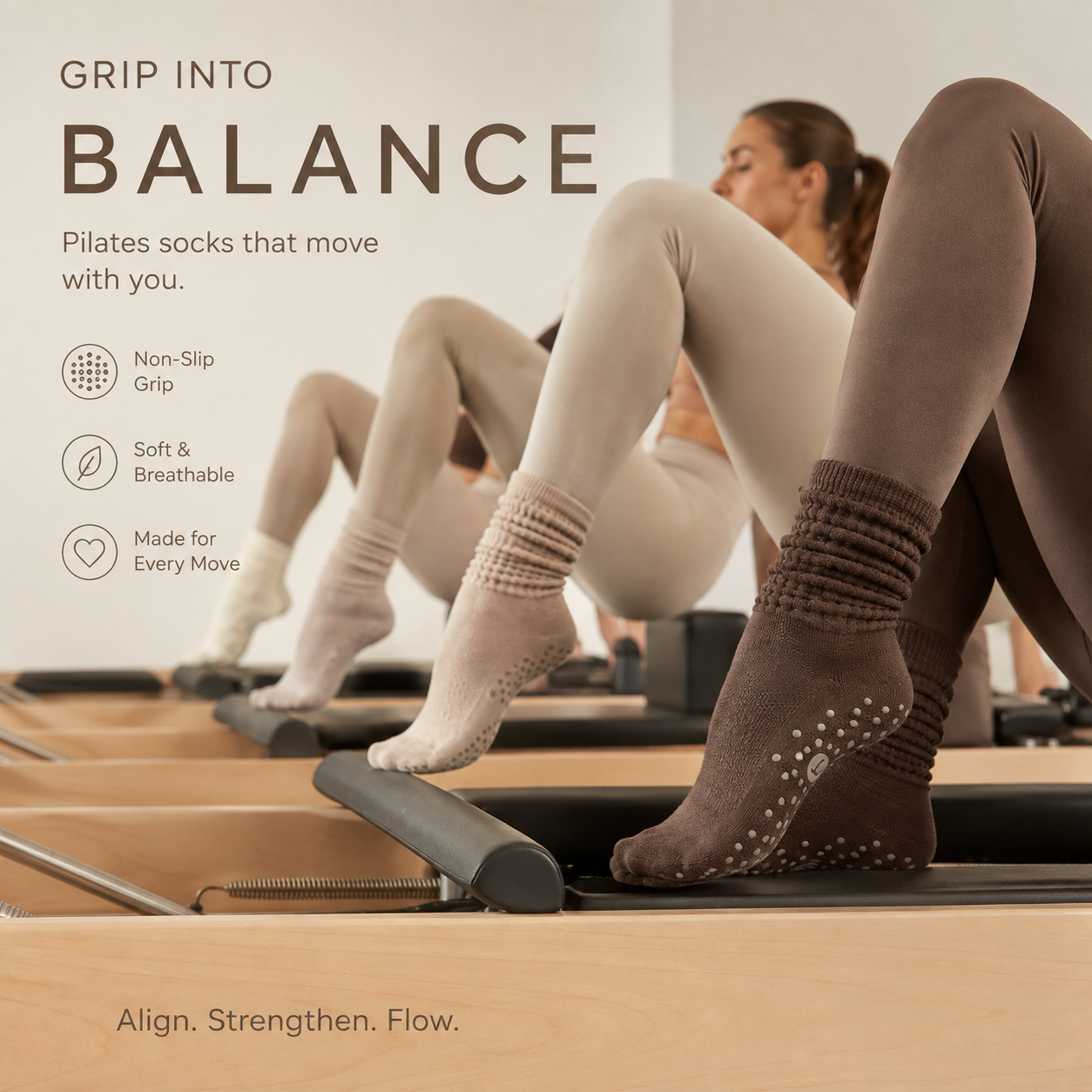 Reformer pilates class in BALÛ grip socks in off-white, beige and brown