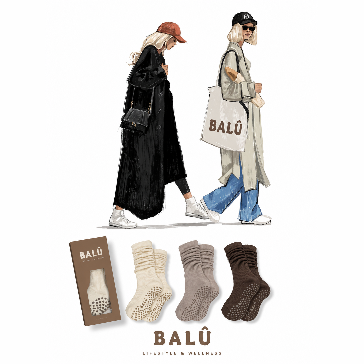 BALÛ illustration: two women in city looks with BALÛ grip socks and packaging
