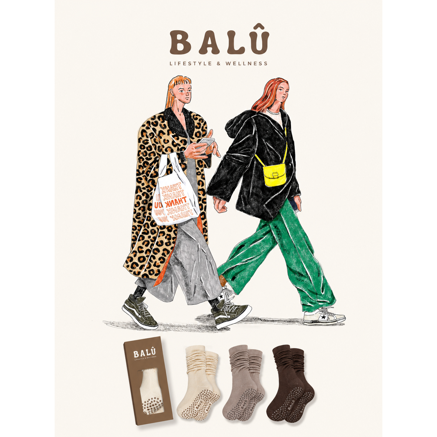 BALÛ illustration: two women walking in city looks with BALÛ grip socks and packaging